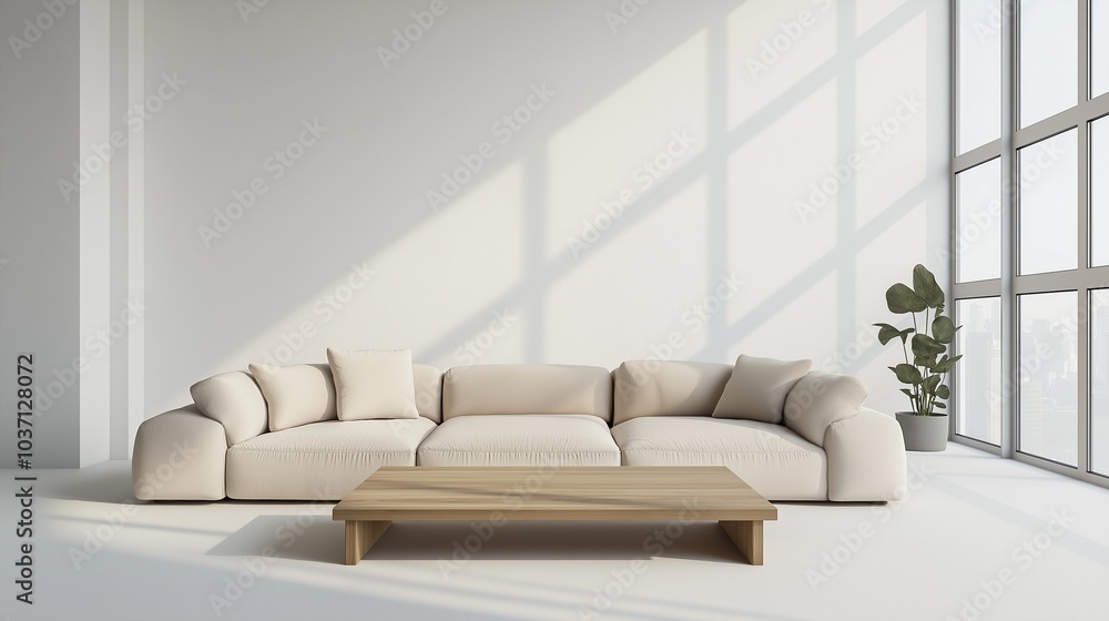 A modern, clean room with white walls and a soft beige couch. A large floor-to-ceiling window brings in natural light, and a minimalist wooden coffee table sits in the center. A modern, clean room with white walls and a soft beige couch. A large floor-to-ceiling window brings in natural light, and a minimalist wooden coffee table sits in the center.