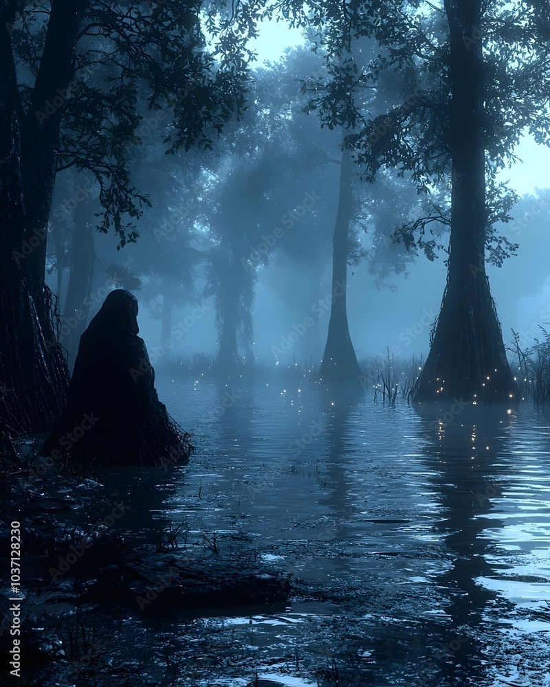 Fototapeta premium A mysterious figure, shrouded in dark clothing, sits quietly by a misty waterside at dusk, surrounded by ethereal glowing orbs in a serene, fog-laden forest.