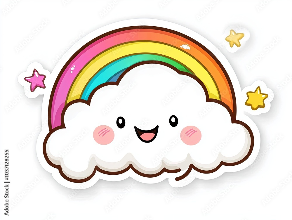 A cartoon cloud with a rainbow above it and three stars, isolated on a white background. A cartoon cloud with a rainbow above it and three stars, isolated on a white background.