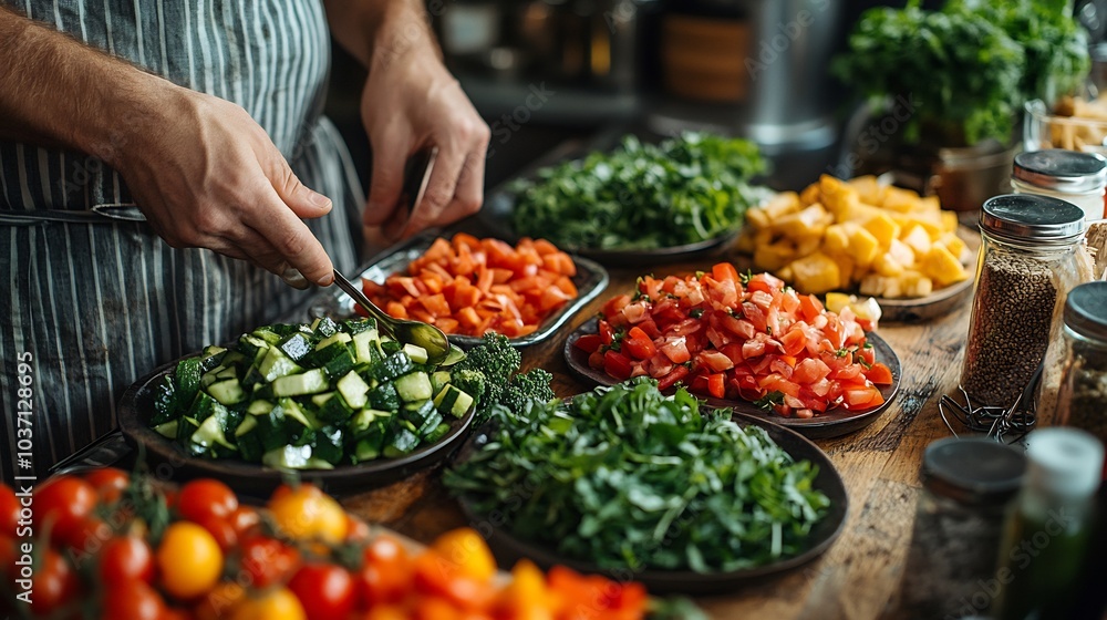 Person in a minimalist kitchen setting preparing a dietfriendly lunch with fresh organic vegetables Person in a minimalist kitchen setting preparing a dietfriendly lunch with fresh organic vegetables