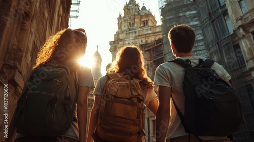 Three travelers with backpacks enjoy a sunset view, exploring a city with unique architecture and a sense of adventure.