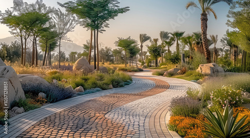 Walkways with tactile paving strips in a desert-themed nature park. photo