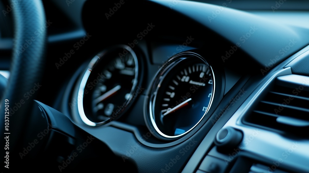 Detailed shot of a modern car dashboard showcasing speedometer and gauges, emphasizing automotive technology and design. Detailed shot of a modern car dashboard showcasing speedometer and gauges, emphasizing automotive technology and design.