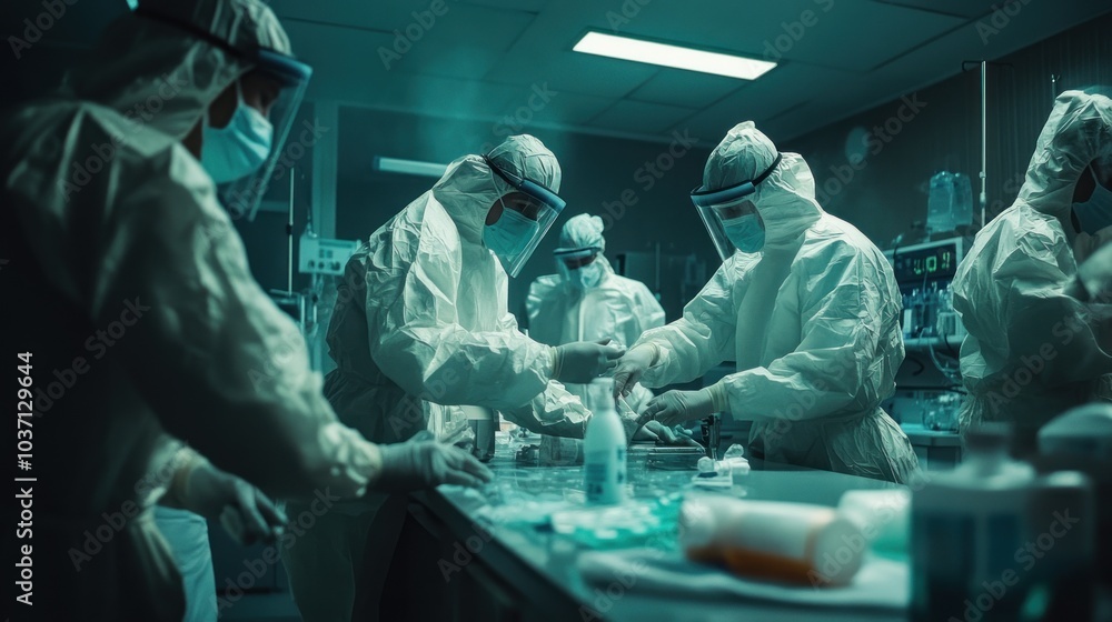 Medical professionals in protective gear working in a laboratory environment. Medical professionals in protective gear working in a laboratory environment.