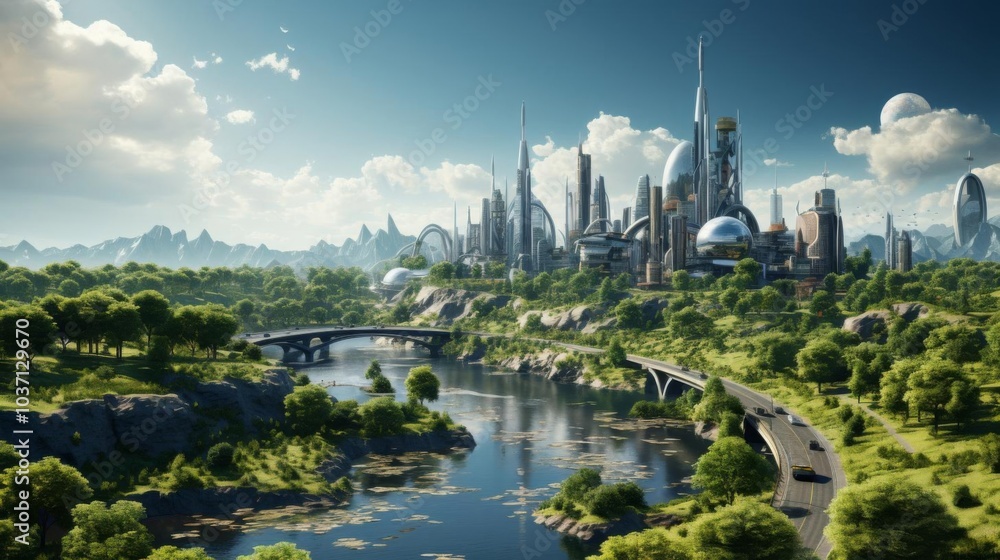Fototapeta premium A futuristic city with a river running through it