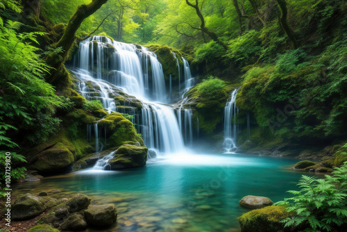 A long exposure photograph of a serene waterfall nestled in a lush, green forest.