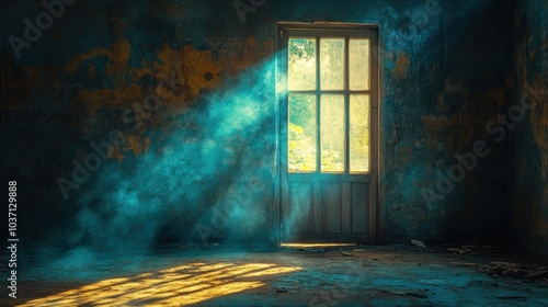 A sunlit doorway in an abandoned room, casting ethereal light and shadows.