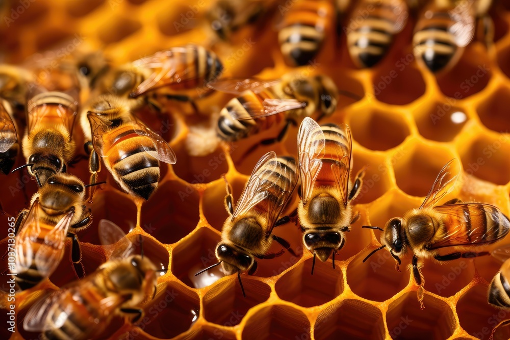 A group of tiny realistic bees gather on a honeycomb collecting nectar and pollinating while working diligently in a lively garden setting A group of tiny realistic bees gather on a honeycomb collecting nectar and pollinating while working diligently in a lively garden setting