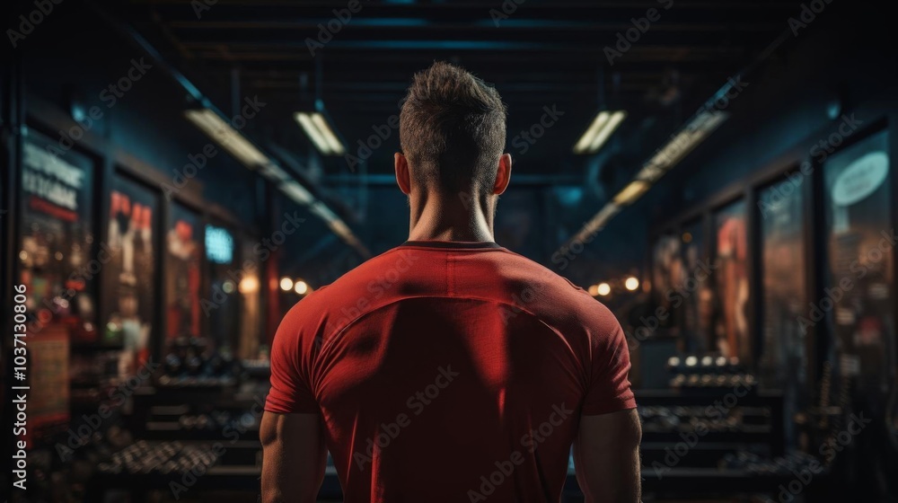 A man in a red shirt stands in a gym with a blank wall behind him A man in a red shirt stands in a gym with a blank wall behind him