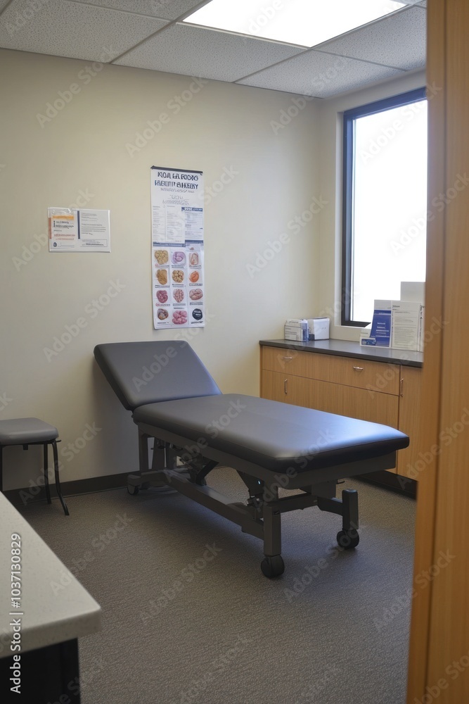 Fototapeta premium A medical examination room with a treatment table and minimal furnishings.