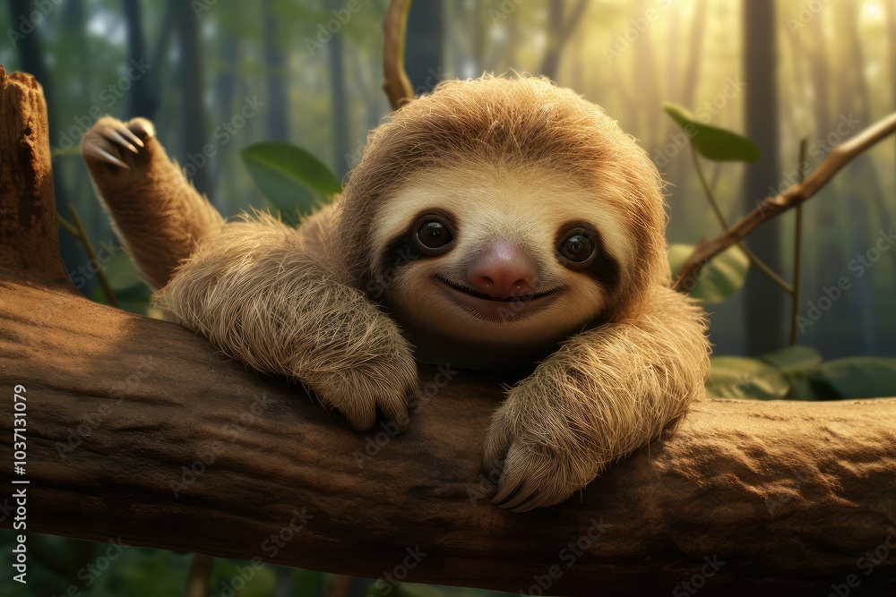Obraz premium A small adorable baby sloth clings to a tree branch surrounded by vibrant greenery basking in the warm glow of evening sunlight in the forest