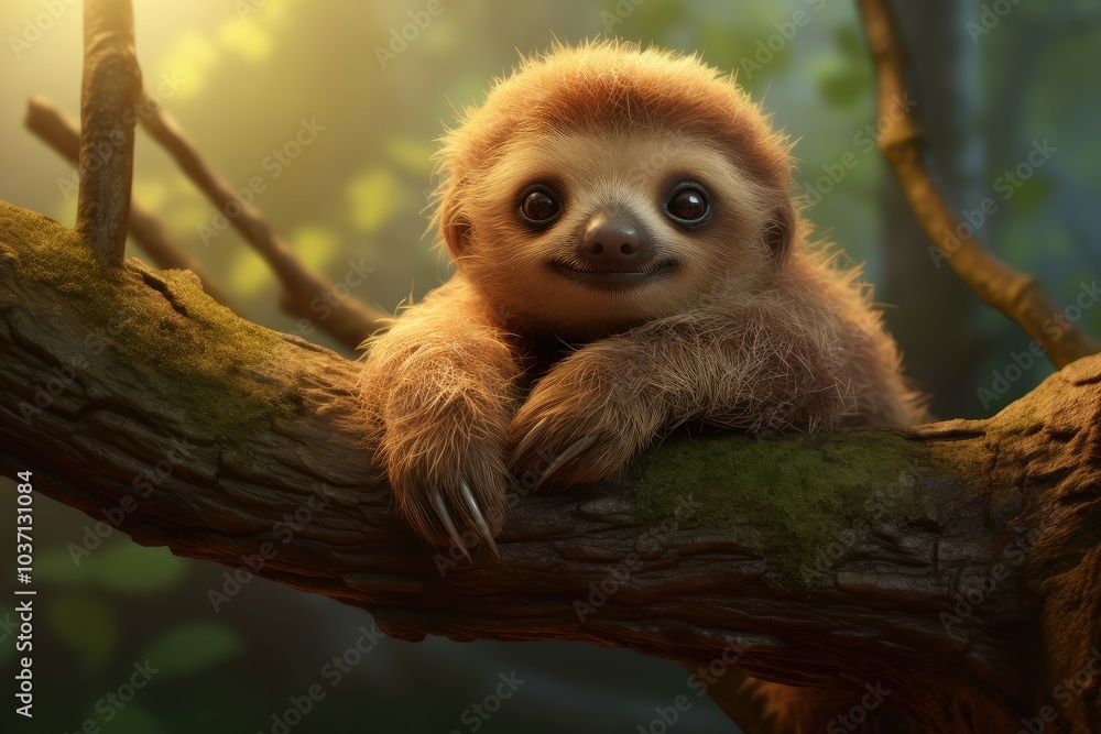 Fototapeta premium A baby sloth hangs comfortably from a tree branch surrounded by rich foliage enjoying the gentle morning light in a tranquil forest setting