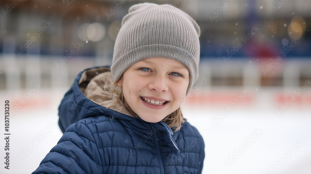 Boy with Beaming Smile Ice Skating in Winter Attire.