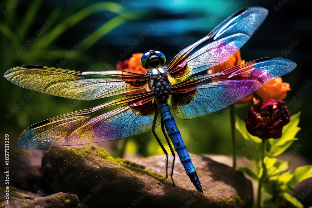 A mesmerizing dragonfly rests on vibrant blossoms showcasing its intricate wings while the gentle sunlight filters through nearby foliage A mesmerizing dragonfly rests on vibrant blossoms showcasing its intricate wings while the gentle sunlight filters through nearby foliage