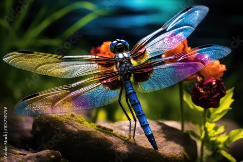 A mesmerizing dragonfly rests on vibrant blossoms showcasing its intricate wings while the gentle sunlight filters through nearby foliage