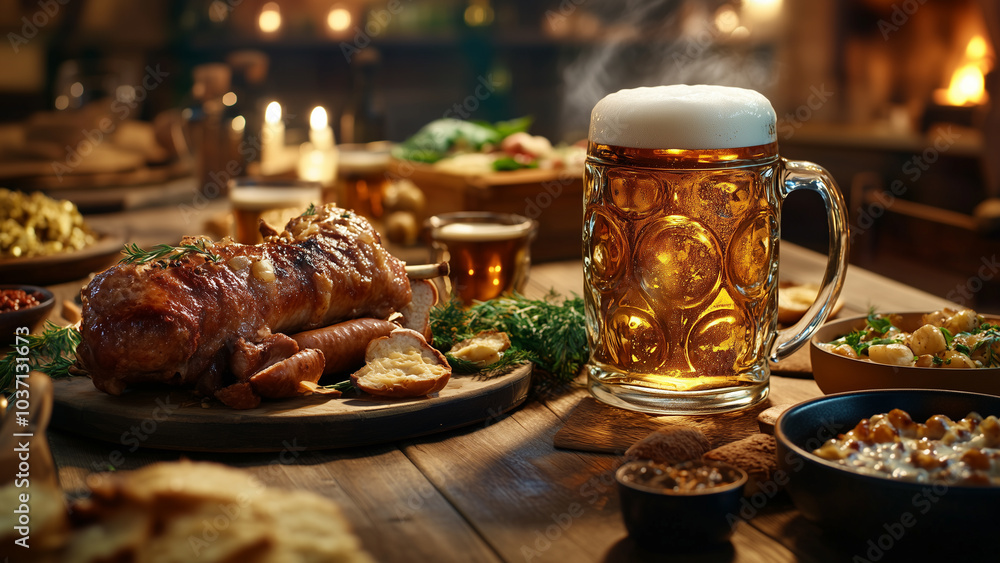 Beer and Traditional Delicacies, creating a mouthwatering display of comfort food. Beer and Traditional Delicacies, creating a mouthwatering display of comfort food.