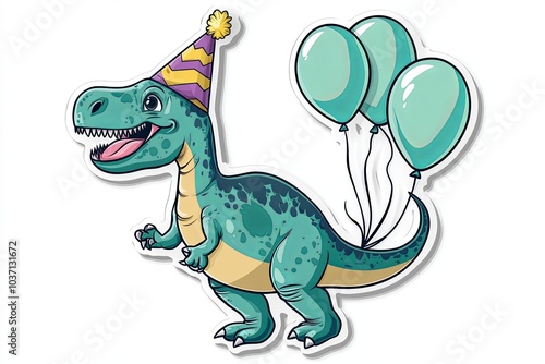 Fototapeta Naklejka Na Ścianę i Meble -  A cute green dinosaur wearing a party hat and holding three balloons.