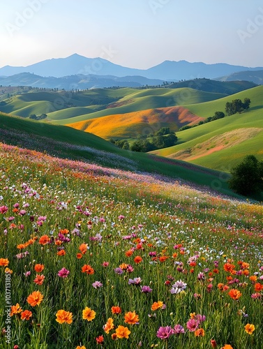 A vibrant landscape featuring a field of colorful wildflowers in various shades, set against rolling hills and majestic mountains in the distance.