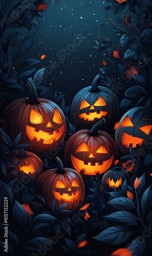 a group of pumpkins lit up at night