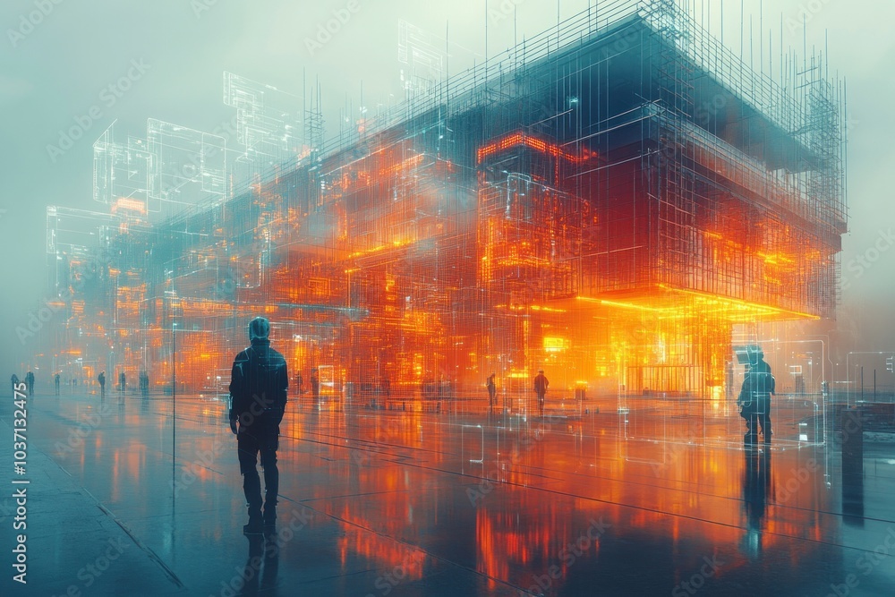 A futuristic urban scene featuring a glowing, transparent structure amidst a foggy environment. A futuristic urban scene featuring a glowing, transparent structure amidst a foggy environment.