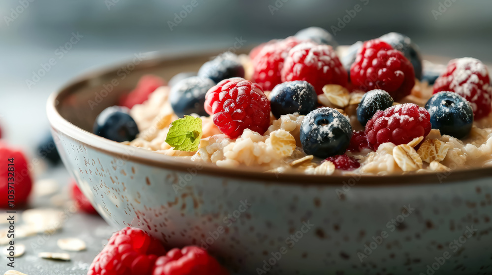 Bowl of oatmeal with blueberries and strawberries on top. The bowl is on a counter with a marble surface Bowl of oatmeal with blueberries and strawberries on top. The bowl is on a counter with a marble surface