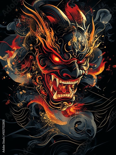 A fiery Japanese demon mask with red eyes and sharp teeth surrounded by smoke and flames.