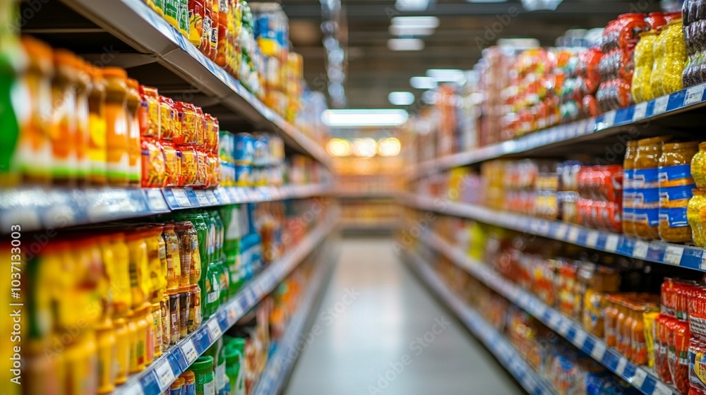 Colorful array of packaged foods and beverages line supermarket shelves, creating a vibrant corridor of choices for shoppers in a well-stocked grocery aisle. Colorful array of packaged foods and beverages line supermarket shelves, creating a vibrant corridor of choices for shoppers in a well-stocked grocery aisle.