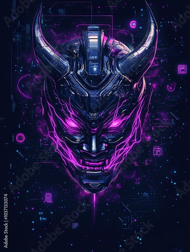 A futuristic, cyberpunk-style illustration of a robotic Oni mask with glowing purple eyes and details set against a dark blue background with digital patterns. photo