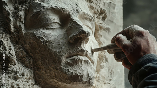 Stone Carver's Passion: Close-up of an artist's hand meticulously chiseling a stone face, showcasing the detail and artistry of the sculpture. A testament to patience and precision.  photo