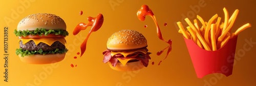 Wallpaper Mural Bright abstractions of burgers, fries, and pizza capture the essence of fast food enjoyment against a vibrant background. Generative AI Torontodigital.ca