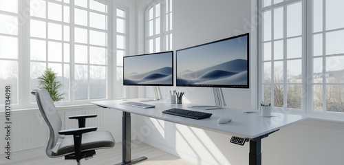 Obraz na płótnie A modern office setup featuring a standing desk, a dual monitor display, and a sleek chair. The room is bright and airy, with large windows and minimal decor. w salonie