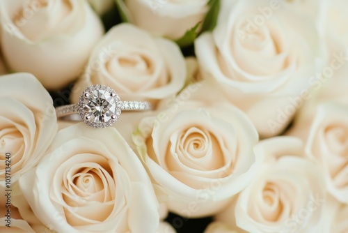 A sparkling engagement ring resting among delicate white roses.