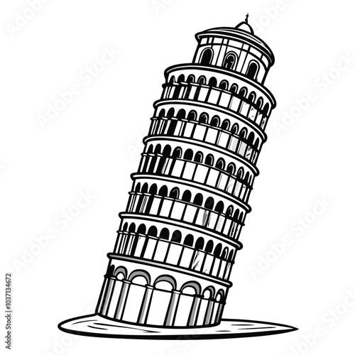 Intricate Black and White Engraving of the Pisa Tower Illustrated on a Bright White Background