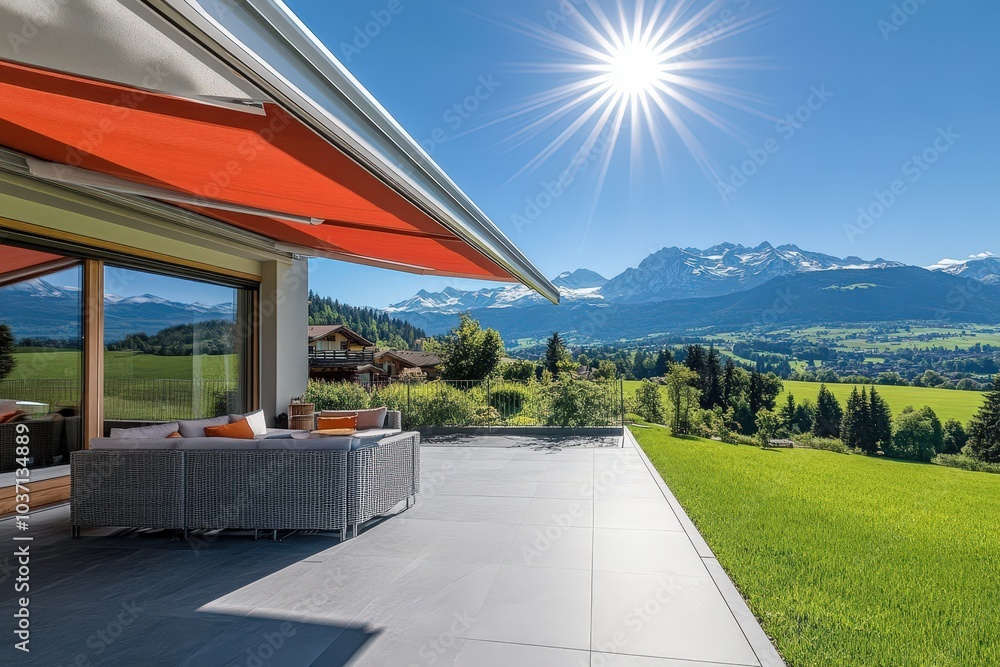 A patio with an orange awning overlooking a valley with mountains in the distance. A patio with an orange awning overlooking a valley with mountains in the distance.