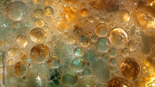 A close-up of oil droplets floating on the surface of simmering soup, with light reflecting off the bubbles to create an abstract pattern