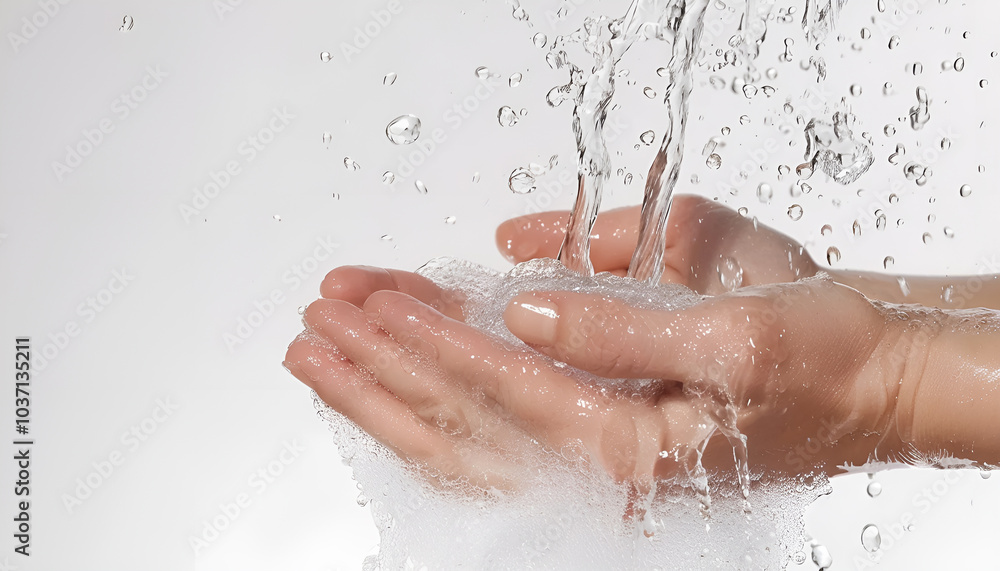 Fototapeta premium Pouring water into woman's hands on white background, closeup