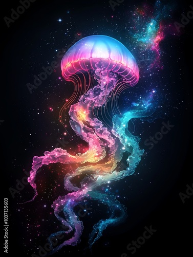 A vibrant, glowing jellyfish with a galaxy-like background of stars.