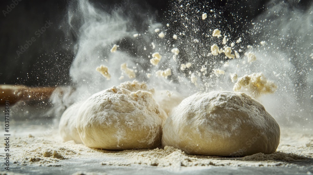 An abstract composition of dough being kneaded, with flour dust flying through the air, captured in a high-contrast shot that emphasizes motion and texture An abstract composition of dough being kneaded, with flour dust flying through the air, captured in a high-contrast shot that emphasizes motion and texture