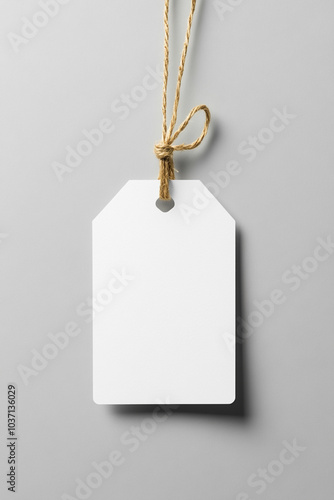  A white rectangular tag mockup, hanging on a string, on a solid background.