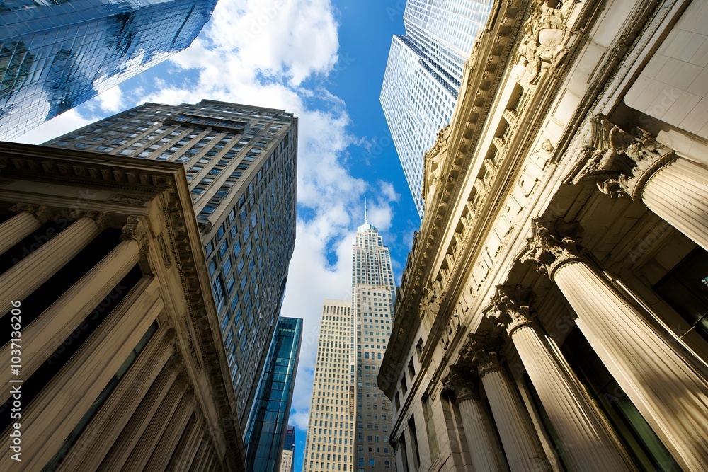 Naklejka premium Low-Angle View of Modern Skyscrapers with Classical Architecture