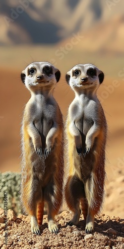 Two adorable meerkats stand alert in a natural desert setting, showcasing their playful nature and curious expressions against a stunning backdrop.