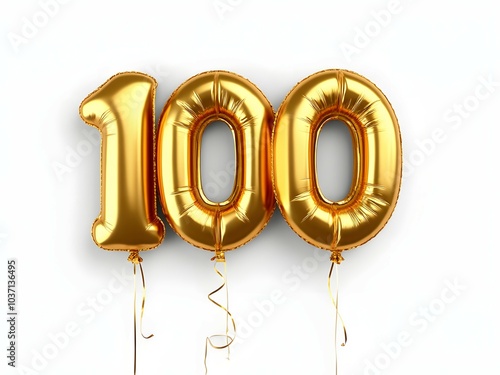 Number 100 golden balloon banner for birthday, celebrations, anniversaries or event planners. Golden 100th anniversary balloon banner on white background. Number one hundred banner