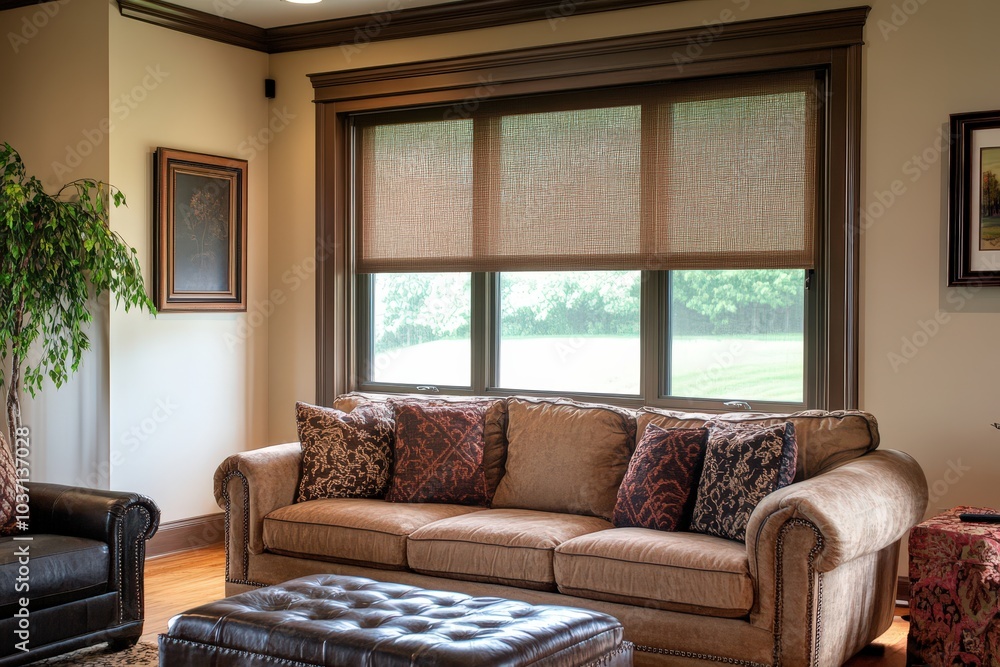 Fototapeta premium A large living room with a couch and a window with blinds.