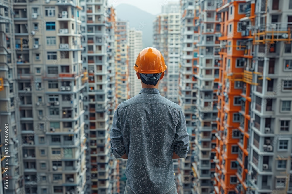 Construction Worker with Safety Helmet Observing City Buildings Under Construction on White Background Construction Worker with Safety Helmet Observing City Buildings Under Construction on White Background