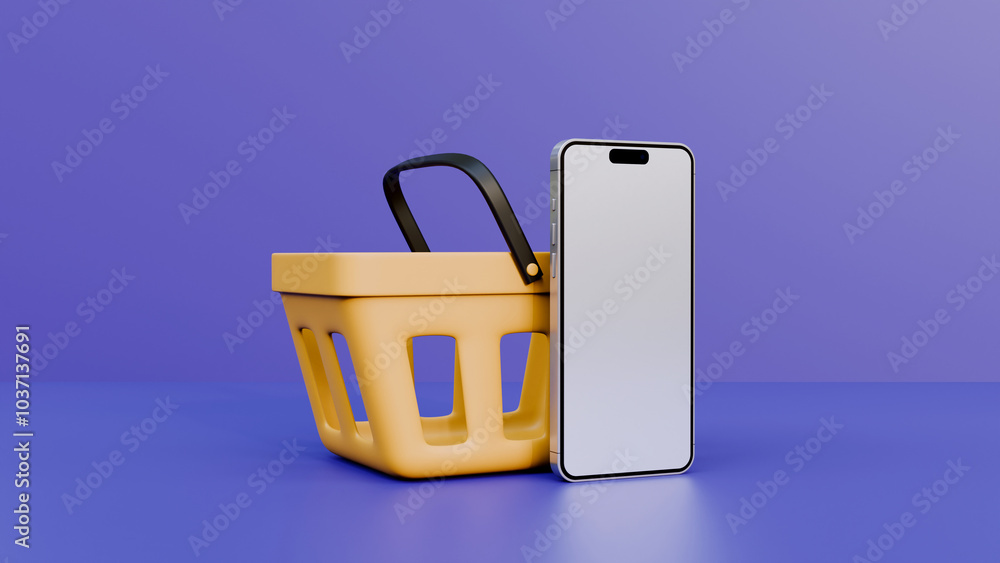 Yellow shopping basket with empty smartphone screen on a purple background. Online shopping and advertising concept. Yellow shopping basket with empty smartphone screen on a purple background. Online shopping and advertising concept.