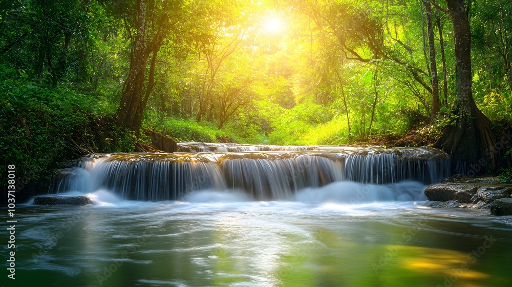 56. A peaceful river flowing through a dense forest, with sunlight dappling the water 56. A peaceful river flowing through a dense forest, with sunlight dappling the water