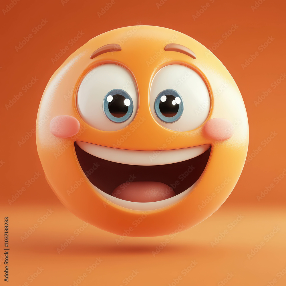 Smiling Emoji:  A 3D rendered yellow emoji with big, bright eyes and a wide, toothy grin, radiating joy and happiness. Perfect for social media, digital design.
