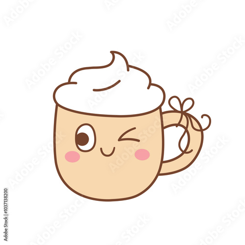 Cute glass mug,  creamy hot drink vector illustration