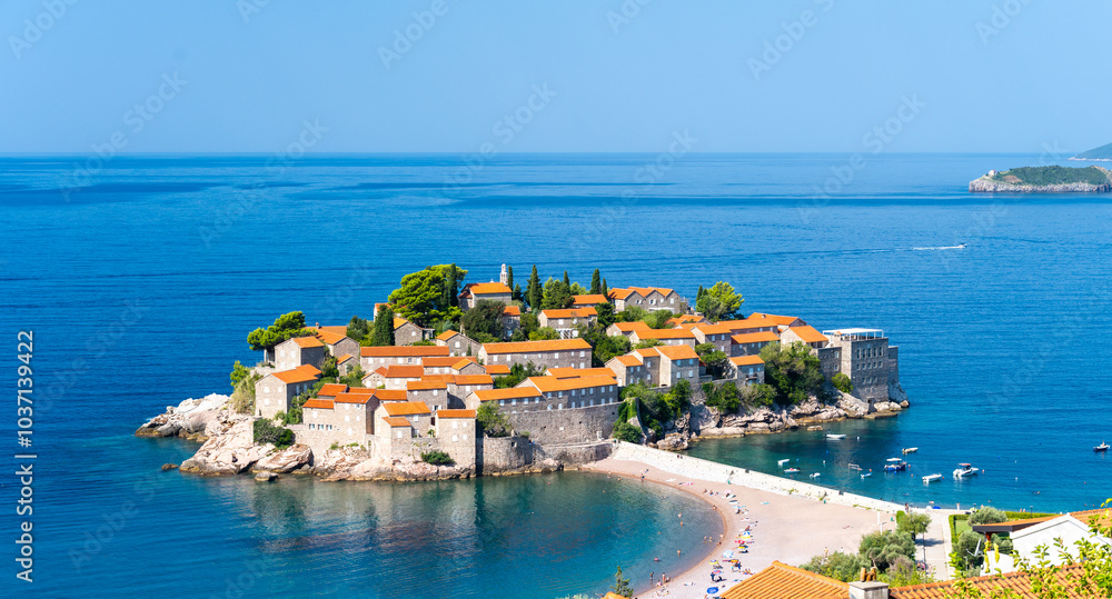 view on Sveti Stefan island in Montenegro