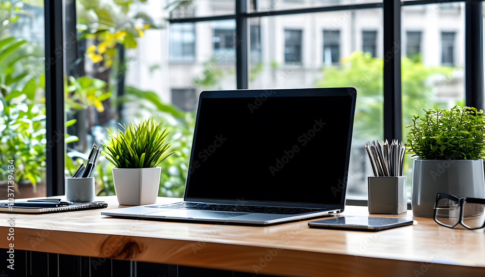 Blank screen laptop on desk office, empty space advertisement Blank screen laptop on desk office, empty space advertisement